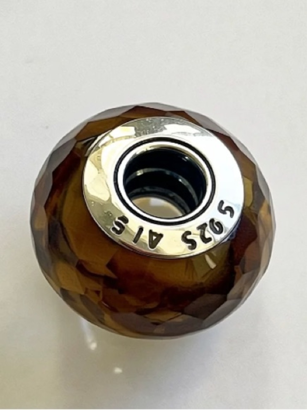 Sterling Silver Faceted Brown Glass Charm Bead - 925 ALE